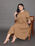 Varanga Women Plus Size Beige Shirt Collar A Line Dress