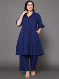 Varanga Women Plus Size Navy Blue Shirt Collar, Flared Sleeves, Paired With Tonal Bottom.