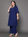 Varanga Women Plus Size Navy Blue Shirt Collar, Flared Sleeves, Paired With Tonal Bottom.