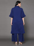 Varanga Women Plus Size Navy Blue Shirt Collar, Flared Sleeves, Paired With Tonal Bottom.