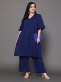 Varanga Women Plus Size Navy Blue Shirt Collar, Flared Sleeves, Paired With Tonal Bottom.