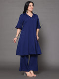 Varanga Women Plus Size Navy Blue Shirt Collar, Flared Sleeves, Paired With Tonal Bottom.