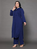 Varanga Women Plus Size Navy Blue Shirt Collar Straight  Kurta Paired With Tonal Bottom