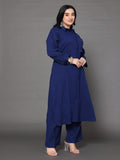 Varanga Women Plus Size Navy Blue Shirt Collar Straight  Kurta Paired With Tonal Bottom