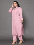 Varanga Women Plus Size Pink Shirt Collar Straight  Kurta Paired With Tonal Bottom