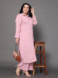 Varanga Women Plus Size Pink Shirt Collar Straight  Kurta Paired With Tonal Bottom