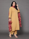 Varanga Women Plus Size Beige Straight Kurta Paired With Tonal Bottom And Printed Dupatta