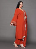 Varanga Women Plus Size Rust Solid V-Neck  Embellished With Gota Straight Kurta Paired With Tonal Bottom And Dupatta