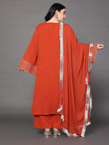 Varanga Women Plus Size Rust Solid V-Neck  Embellished With Gota Straight Kurta Paired With Tonal Bottom And Dupatta