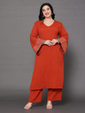 Varanga Women Plus Size Rust Solid V-Neck  Embellished With Gota Straight Kurta Paired With Tonal Bottom And Dupatta