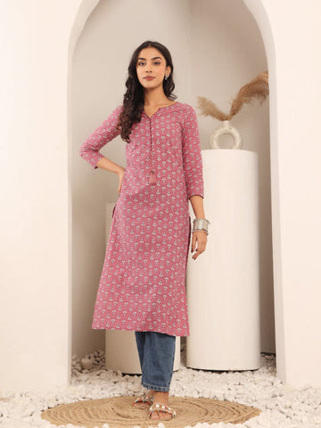 Varanga Women Pink & White Printed Straight Kurta