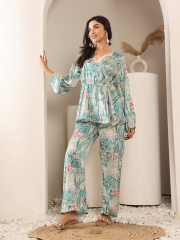 Varanga Women White & Teal Abstract Printed Peplum Top Paired With Straight Printed Bottom.