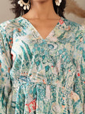 Varanga Women White & Teal Abstract Printed Peplum Top Paired With Straight Printed Bottom.