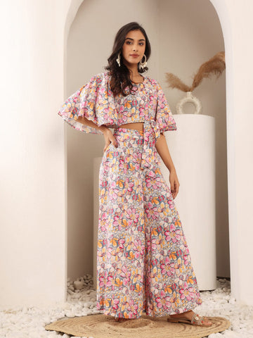 Varanga Women Grey Floral Printed Crop Top With Flared Sleeves, Front Open Tie Up Details Paired With Flared Bottom.