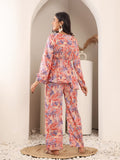 Varanga Women Blue & Coral Abstract Floral Printed Peplum Top Paired With Printed Bottom