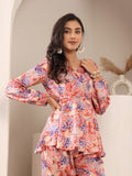 Varanga Women Blue & Coral Abstract Floral Printed Peplum Top Paired With Printed Bottom