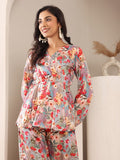 Varanga Women Lavender & Coral Abstract Floral Printed Peplum Top Paired With Straight Printed Bottom