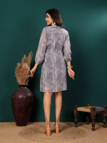 Varanga Women Tie And Dye Printed Short Dress With Three Quarter Puff Sleeves