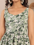 Varanga Women Green & White Printed V-Neck Tiered Dress With Flared Hem