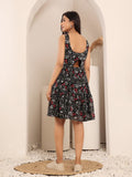 Varanga Women Black Floral Printed V-Neck Tiered Dress With Flared Hem