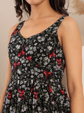 Varanga Women Black Floral Printed V-Neck Tiered Dress With Flared Hem