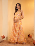 Varanga Women Yellow Georgette Printed Strap Style Anarkali Kurta With Dupatta