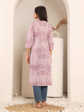 Varanga Women Lavender Stripe Printed V-Neck Straight Kurta With Three Quarter Sleeves