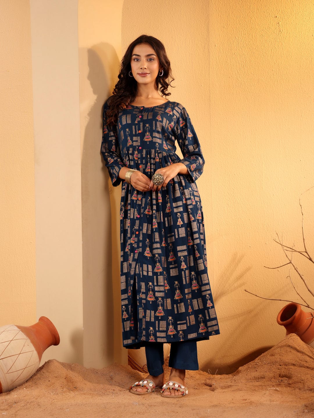 Varanga Women Navy Blue Foil Printed A-Line Dress With Round Neck