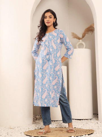 Varanga Women Blue Paisely Printed Round Neck With Drawstring Details Straight Kurta With Side Slit.