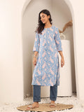 Varanga Women Blue Paisely Printed Round Neck With Drawstring Details Straight Kurta With Side Slit.