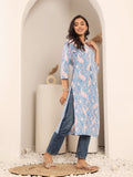 Varanga Women Blue Paisely Printed Round Neck With Drawstring Details Straight Kurta With Side Slit.