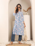 Varanga Women Blue Paisely Printed Round Neck With Drawstring Details Straight Kurta With Side Slit.