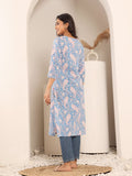 Varanga Women Blue Paisely Printed Round Neck With Drawstring Details Straight Kurta With Side Slit.