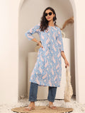 Varanga Women Blue Paisely Printed Round Neck With Drawstring Details Straight Kurta With Side Slit.