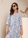 Varanga Women Blue Paisely Printed Round Neck With Drawstring Details Straight Kurta With Side Slit.