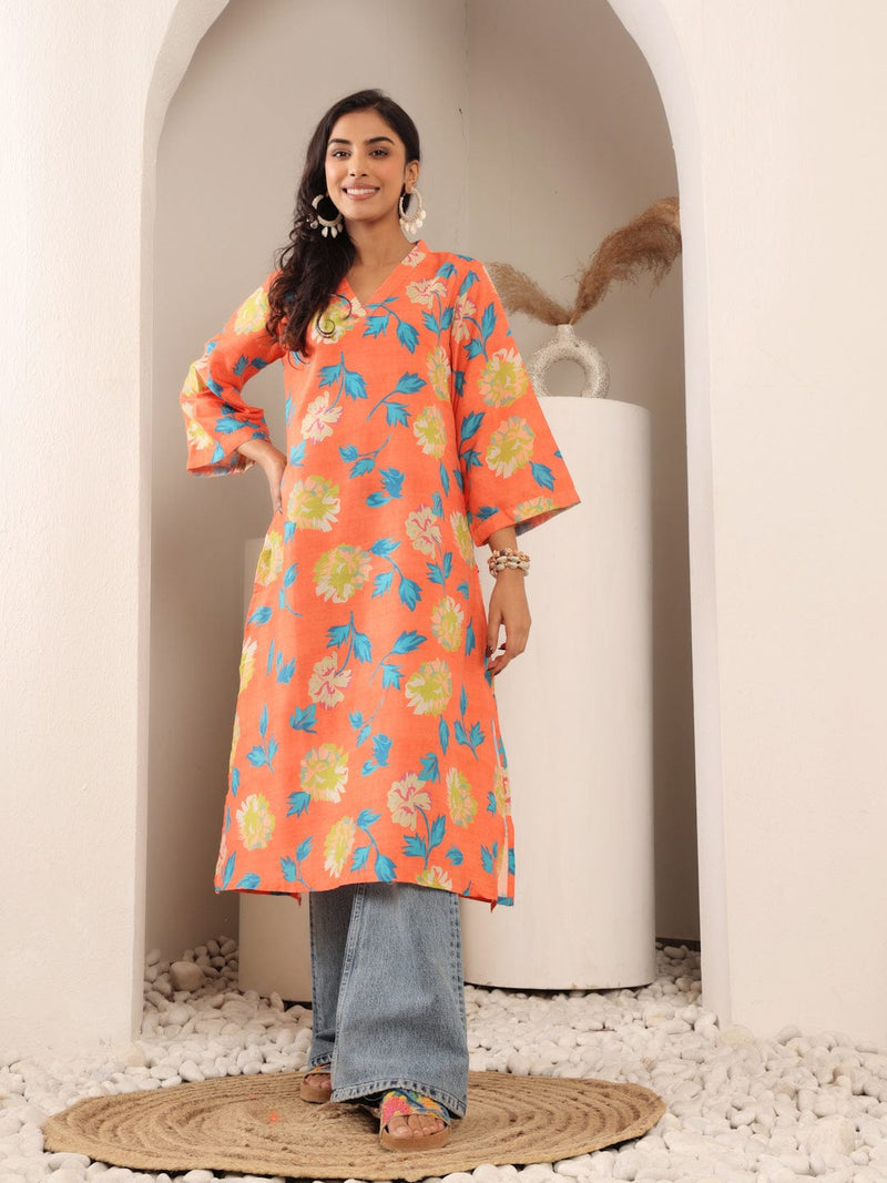 Varanga Women Orange Floral Printed V-Neck A-Line Kurta With Side Slits