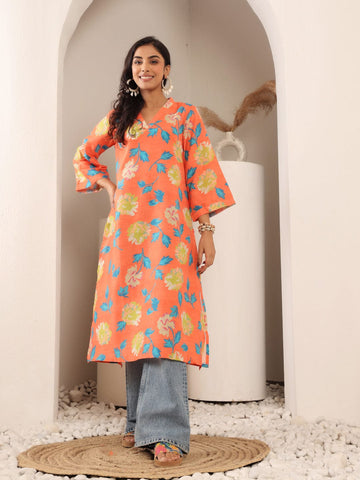 Varanga Women Orange Floral Printed V-Neck A-Line Kurta With Side Slits