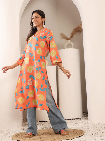 Varanga Women Orange Floral Printed V-Neck A-Line Kurta With Side Slits