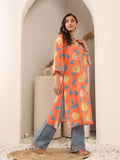 Varanga Women Orange Floral Printed V-Neck A-Line Kurta With Side Slits