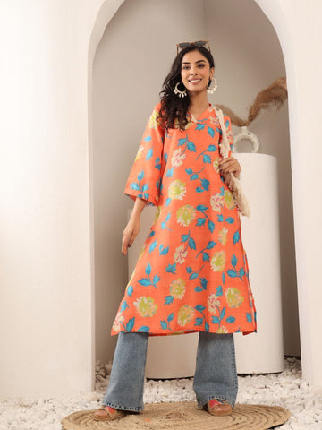 Varanga Women Orange Floral Printed V-Neck A-Line Kurta With Side Slits