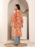 Varanga Women Orange Floral Printed V-Neck A-Line Kurta With Side Slits