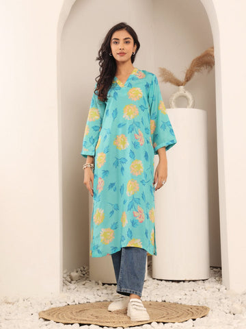 Varanga Women Turqouise Blue Floral Printed Straight Kurta With Three Quarter Bell Sleeves