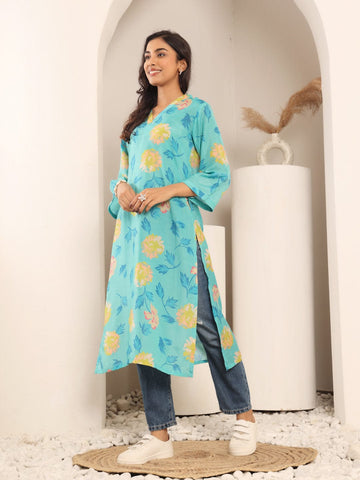 Varanga Women Turqouise Blue Floral Printed Straight Kurta With Three Quarter Bell Sleeves