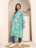 Varanga Women Turqouise Blue Floral Printed Straight Kurta With Three Quarter Bell Sleeves