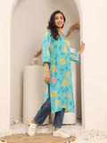 Varanga Women Turqouise Blue Floral Printed Straight Kurta With Three Quarter Bell Sleeves