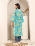 Varanga Women Turqouise Blue Floral Printed Straight Kurta With Three Quarter Bell Sleeves