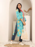 Varanga Women Turqouise Blue Floral Printed Straight Kurta With Three Quarter Bell Sleeves