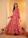 Varanga Women Red Floral Printed Angrakha Style Anarkali Kurta Paired With Chiffon Solid Dupatta