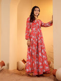 Varanga Women Red Floral Printed Angrakha Style Anarkali Kurta Paired With Chiffon Solid Dupatta