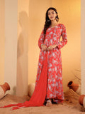 Varanga Women Red Floral Printed Angrakha Style Anarkali Kurta Paired With Chiffon Solid Dupatta